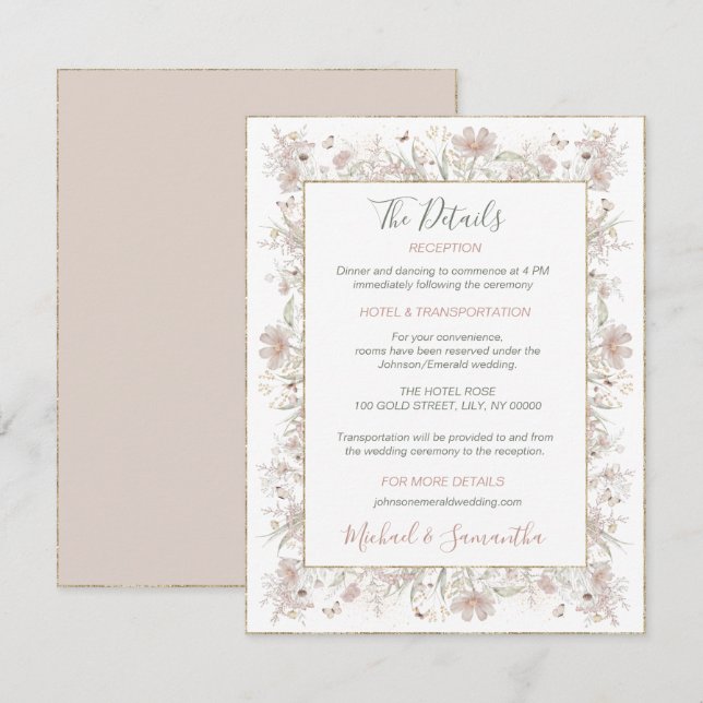 Carte D'accompagnement Mariage de printemps de Fleur sauvage Blush et Sag (Devant / Derrière)