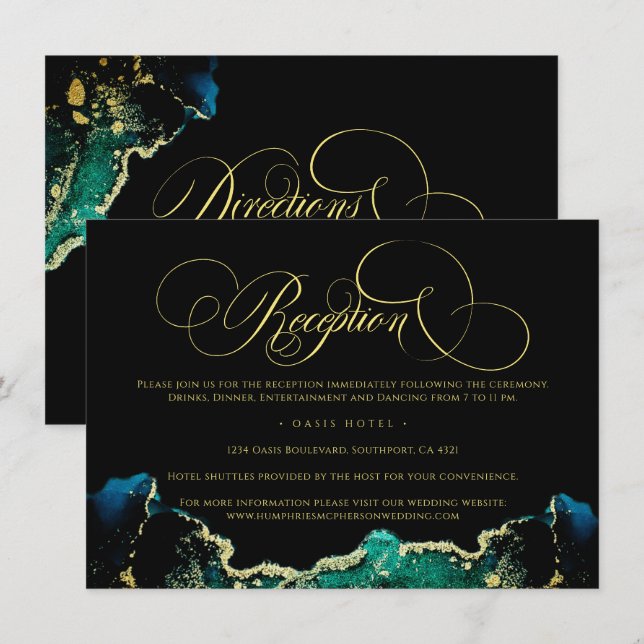 Carte D'accompagnement Mariage de réception céleste Black Green Gold (Devant / Derrière)