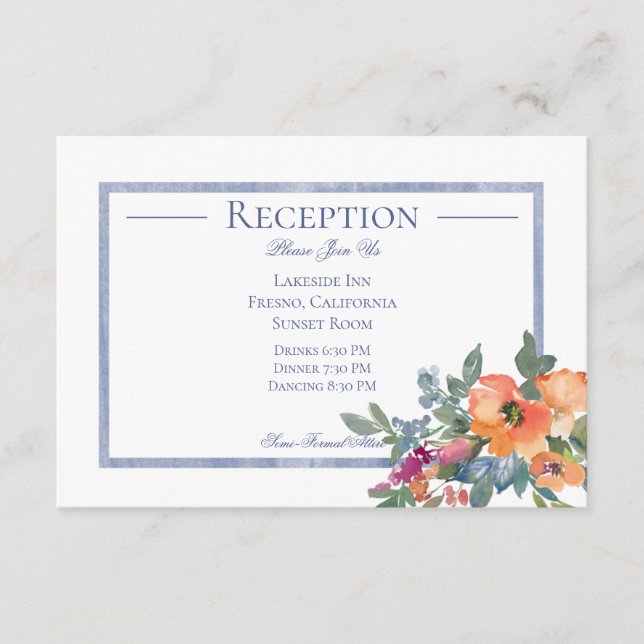 Carte D'accompagnement Mariage de réception Floral Pêche & Aquarelle Bleu (Devant)