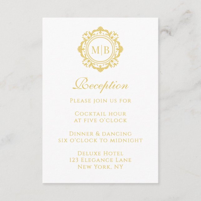 Carte D'accompagnement Mariage de réception Ornat Floral Monogram Gold (Devant)