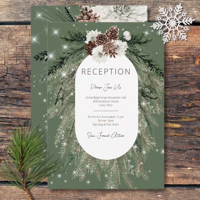 Carte D'accompagnement Mariage de réception Rustique Green Pine Winter Sp (Rustic Green Pine Winter Sparkle Reception Wedding Enclosure Card)