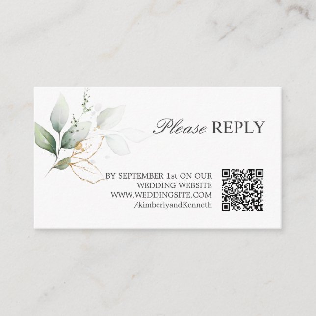 Carte D'accompagnement Mariage de réponse QR CODE Gold Green RSVP (Devant)