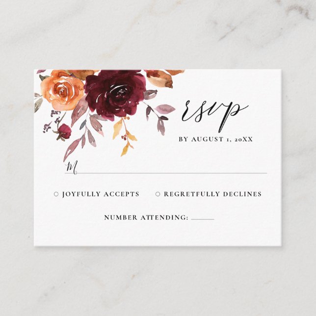 Carte D'accompagnement Mariage de rouille florale orange brulé RSVP Enc (Devant)