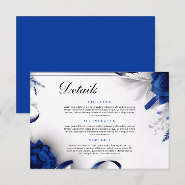Carte D'accompagnement Mariage de rubans bleu et argent de la marine chic (Devant / Derrière)