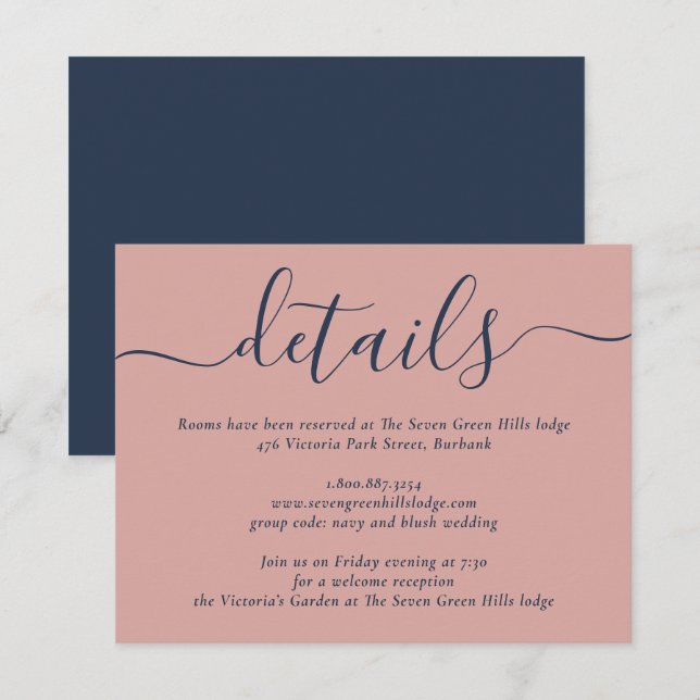 Carte D'accompagnement Mariage de script moderne bleu et bleu marine (Devant / Derrière)