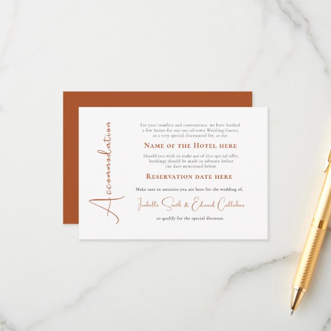 Carte D'accompagnement Mariage de texte en cuivre tendance Hébergements (Devant/Arrière en situation)