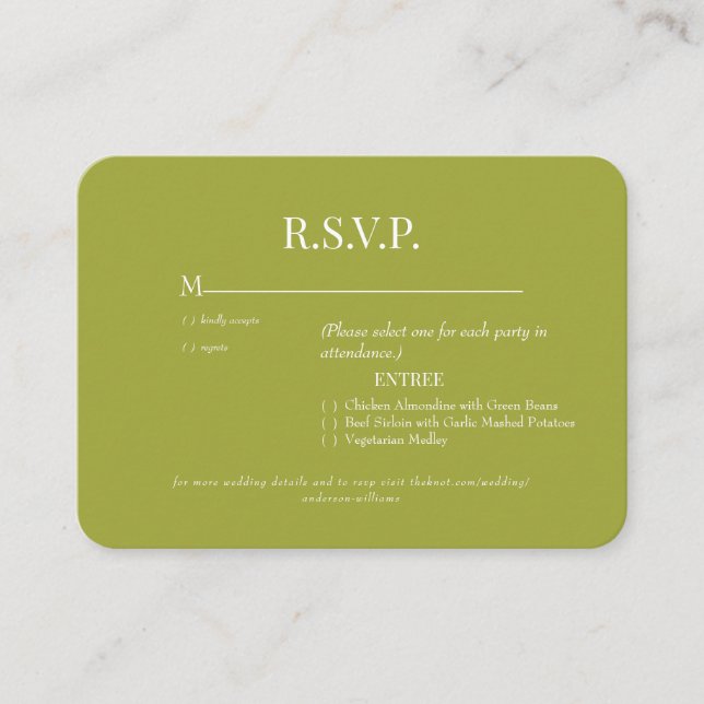 Carte D'accompagnement Mariage des options de dîner à l'olive arrondi (Devant)