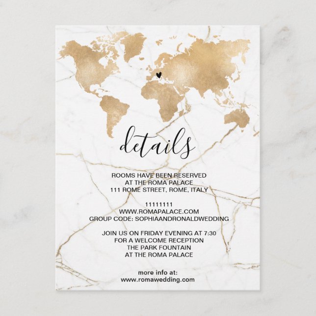 Carte D'accompagnement Mariage Destination World Map Gold Removable Heart (Devant)