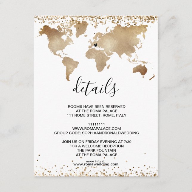 Carte D'accompagnement Mariage Destination World Map Gold Removable Heart (Devant)