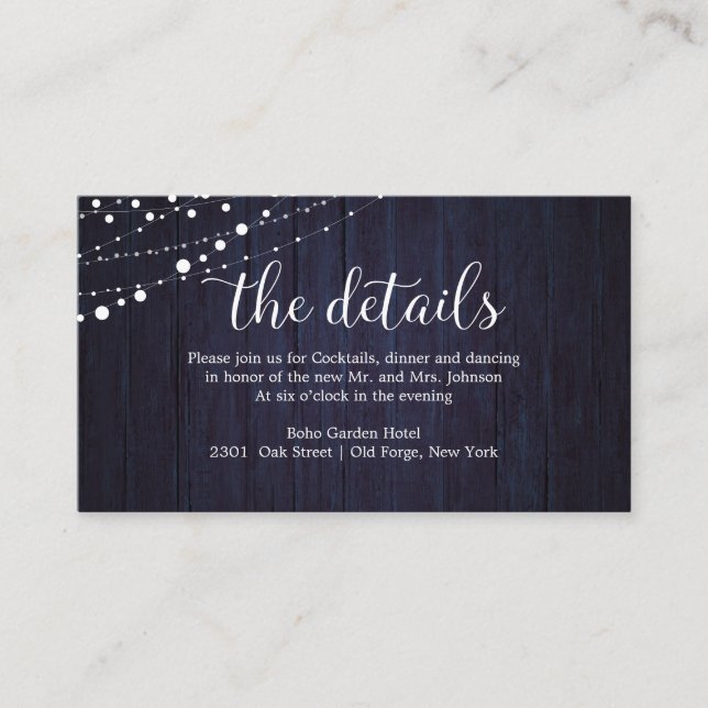 Carte D'accompagnement Mariage Détails Bois rustique Mariage Marine Bleu (Devant)