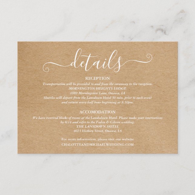 Carte D'accompagnement Mariage Détails Signature Script Rustique Kraft (Devant)