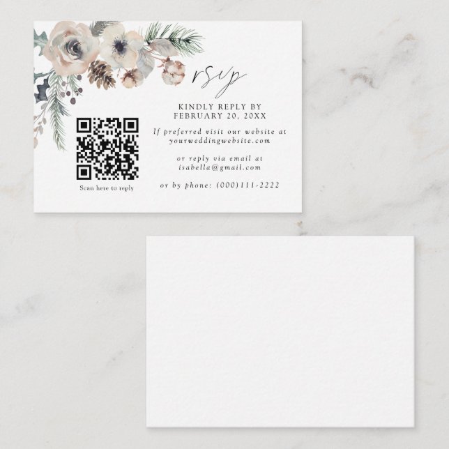 Carte D'accompagnement Mariage d'hiver blanc rustique QR Code Mariage RSV (Devant / Derrière)