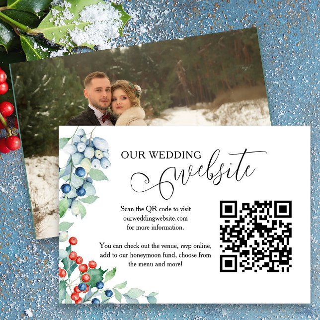 Carte D'accompagnement Mariage d'hiver Holly Berries Mariage Website (Wedding website insert card with qr code and full size photo from my Winter Berries wedding suite)