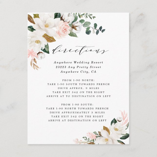 Carte D'accompagnement Mariage Directions Floral Blanc Magnolia Or Rose (Devant)
