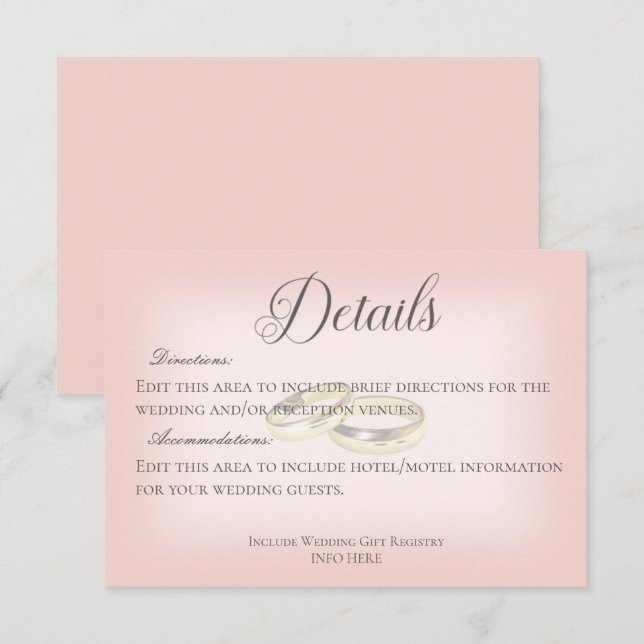 Carte D'accompagnement Mariage d'or anneaux sur le Mariage Blush Détails (Devant / Derrière)