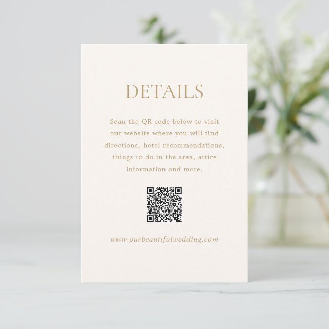 Carte D'accompagnement Mariage élégant avec code QR ivoire et or moderne (Debout devant)