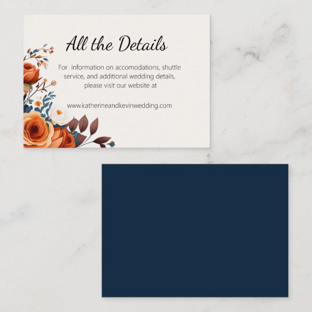 Carte D'accompagnement Mariage élégant bleu marine et orange (Devant / Derrière)