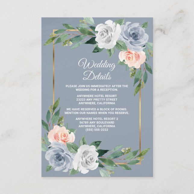 Carte D'accompagnement Mariage élégant bleu poussiéreux or rose pêche (Devant)