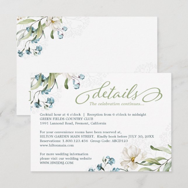 Carte D'accompagnement Mariage élégant, fleurs vertes et blanches (Devant / Derrière)