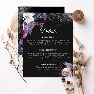 Carte D'accompagnement Mariage élégant noir violet gothique floral crâne