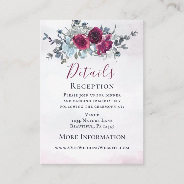 Carte D'accompagnement Mariage Élégant Roses Burgundy Bleu Blanc (Devant)