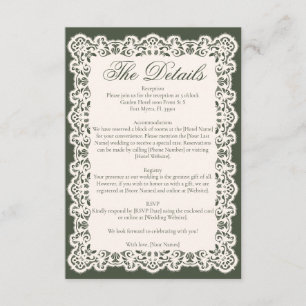 Carte D'accompagnement Mariage élégant vert olive dentelle ivoire vintage