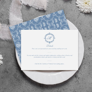 Carte D'accompagnement Mariage Élégant Vintage Bleu Toile Monogram