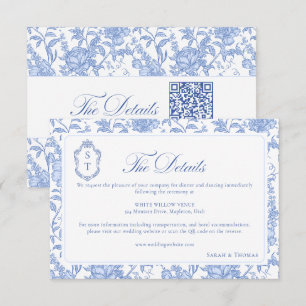 Carte D'accompagnement Mariage en bleu de Delft à motif floral et chinois