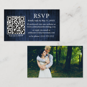 Carte D'accompagnement Mariage en bois bleu rustique QR Photo RSVP