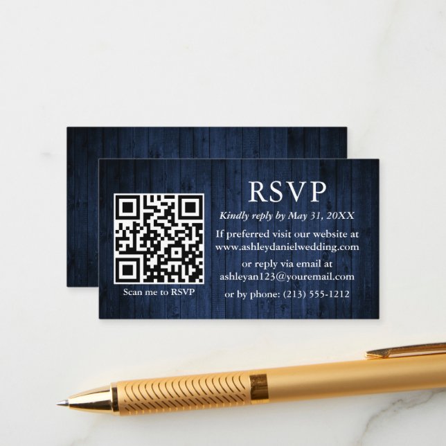 Carte D'accompagnement Mariage en bois bleu rustique QR RSVP (Devant/Arrière en situation)