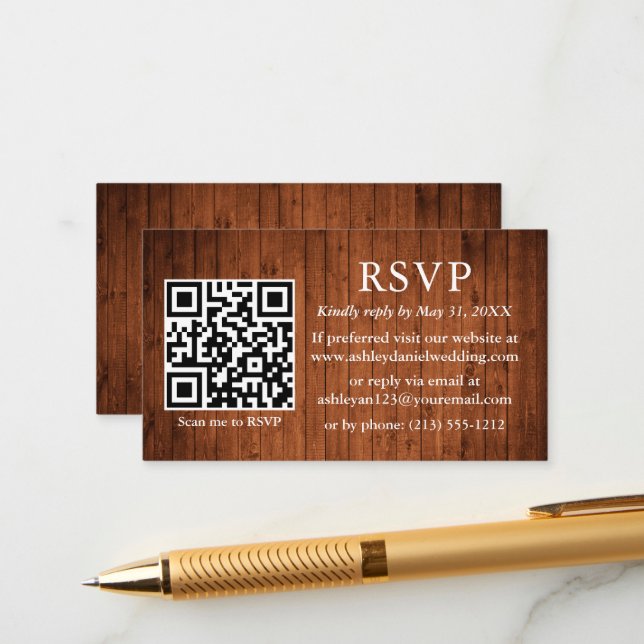Carte D'accompagnement Mariage en bois rustique QR RSVP (Devant/Arrière en situation)
