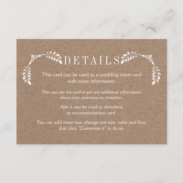 Carte D'accompagnement Mariage en carton feuille blanc détails insérer la (Devant)