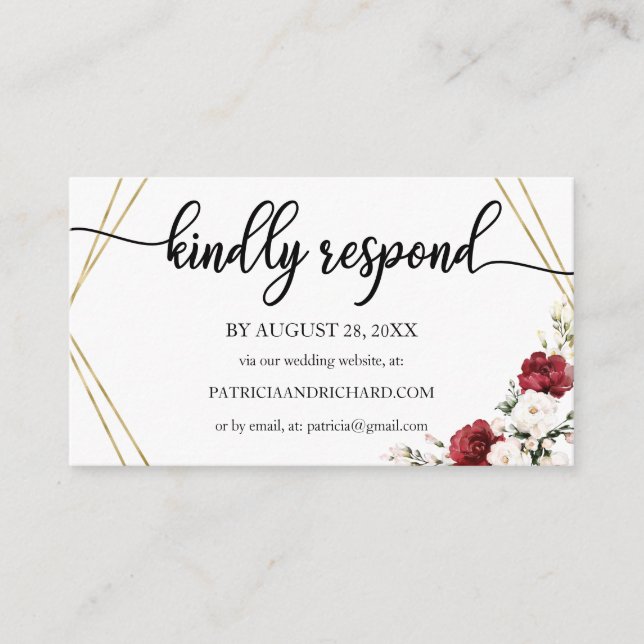 Carte D'accompagnement Mariage en ligne RSVP Bourgogne Floral Géométrique (Devant)