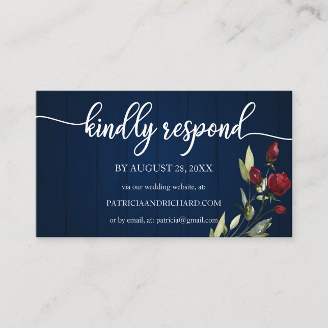 Carte D'accompagnement Mariage en ligne RSVP Burgundy Navy Blue Floral (Devant)