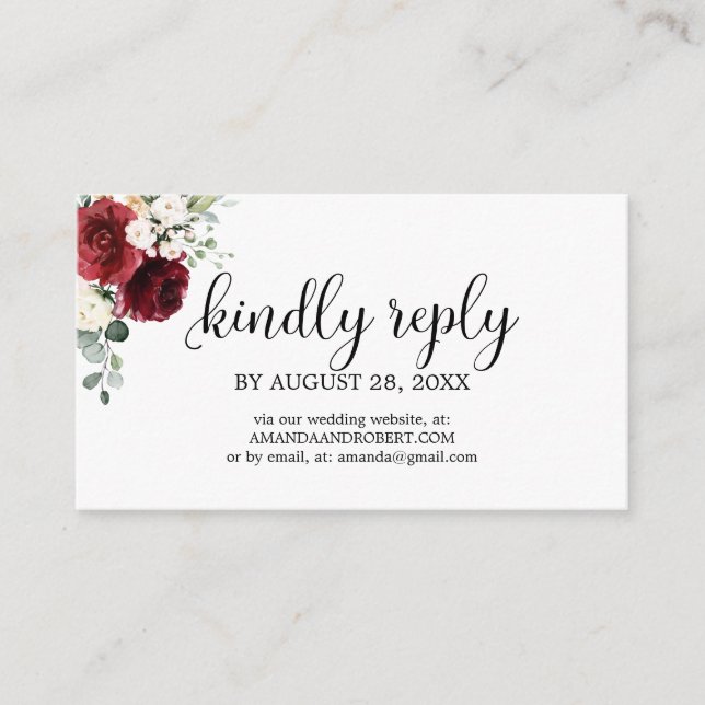 Carte D'accompagnement Mariage en ligne RSVP Chic Bourgogne Floral (Devant)
