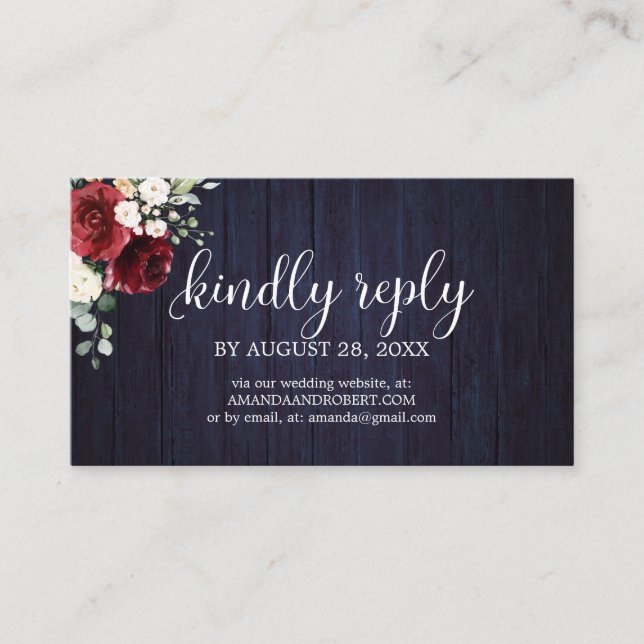 Carte D'accompagnement Mariage en ligne RSVP Rustic Floral Navy bleu (Devant)