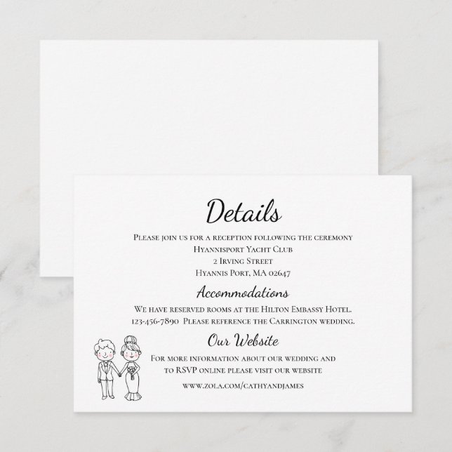 Carte D'accompagnement Mariage en noir et blanc des mariés dessin animé d (Devant / Derrière)