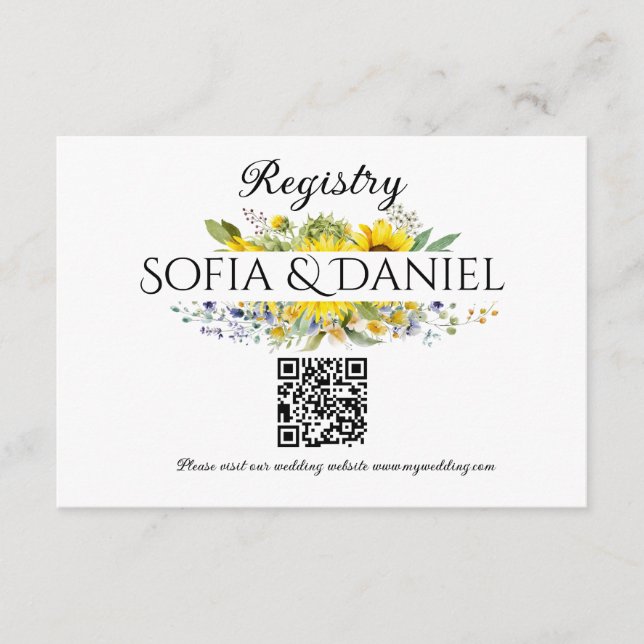 Carte D'accompagnement Mariage fleur sauvage bleu tournesol QR (Devant)