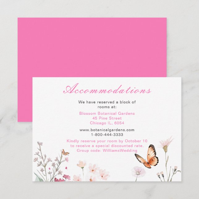 Carte D'accompagnement Mariage floral à papillon rose profond du printemp (Devant / Derrière)