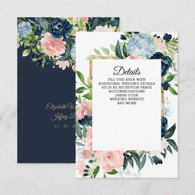 Carte D'accompagnement Mariage Floral Aquarelle Rustique Bleu Marine Rose (Devant / Derrière)