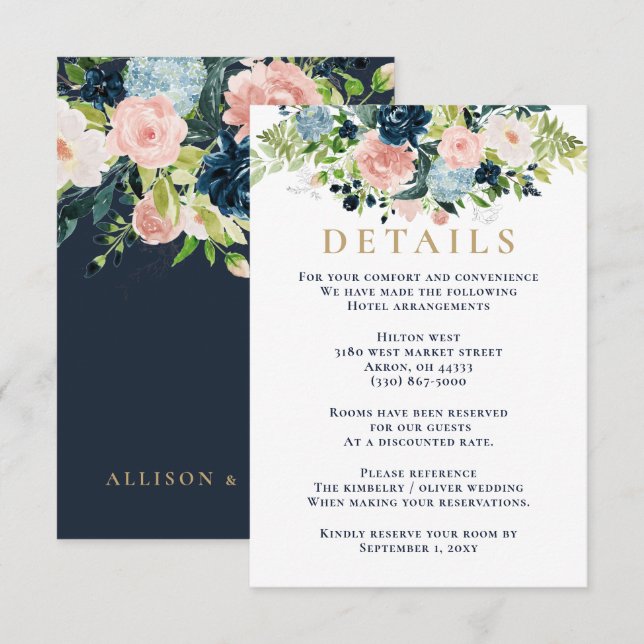 Carte D'accompagnement Mariage Floral Aquarelle Rustique Bleu Marine Rose (Devant / Derrière)