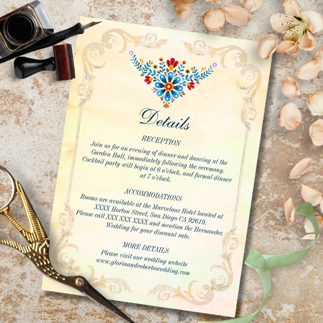 Carte D'accompagnement Mariage Floral Baroque Mexicain (Mexican floral hummingbird enclosure card with ornate gold scroll frame and floral motif.)