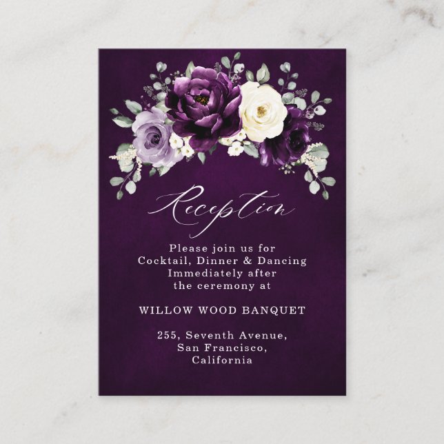 Carte D'accompagnement Mariage floral blanc blanc d'aubergine de prune vi (Devant)