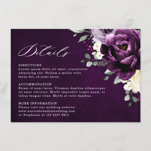 Carte D'accompagnement Mariage floral blanc blanc d'aubergine de prune vi (Devant)