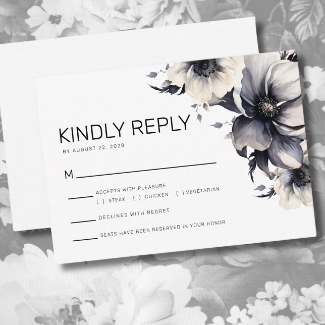 Carte D'accompagnement Mariage Floral Blanc Noir Moderne Réponse RSVP (Créateur téléchargé)