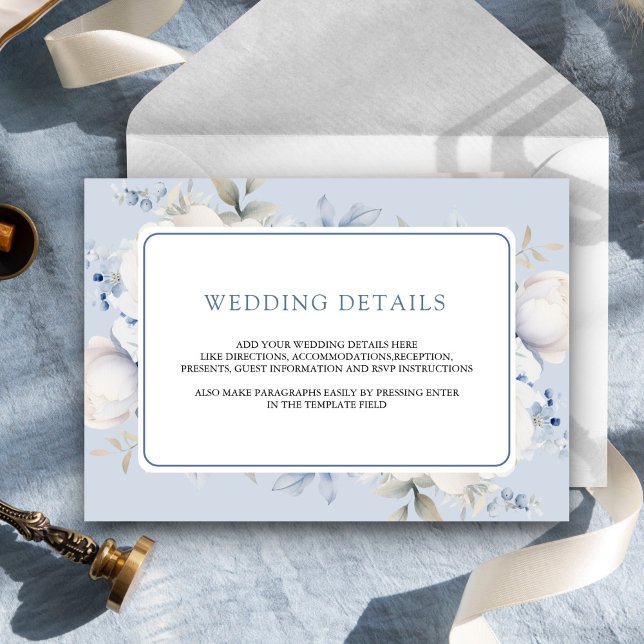 Carte D'accompagnement Mariage floral bleu et blanc Dusty Détails (Créateur téléchargé)