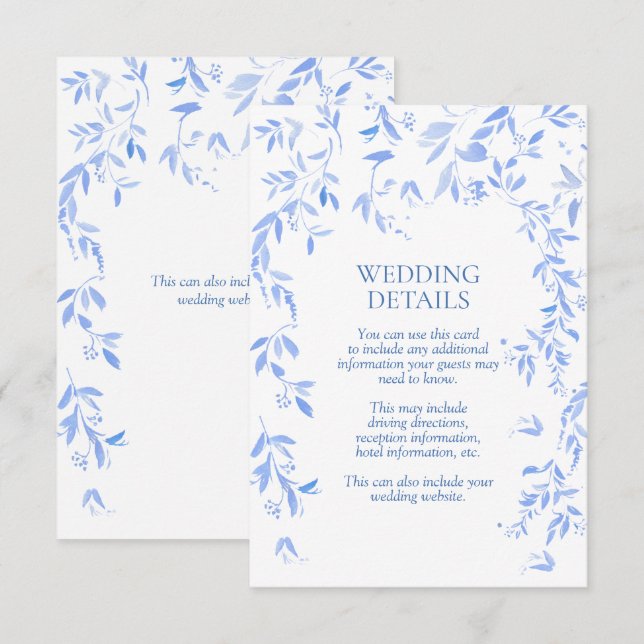 Carte D'accompagnement Mariage Floral Bleu Français Détails (Devant / Derrière)