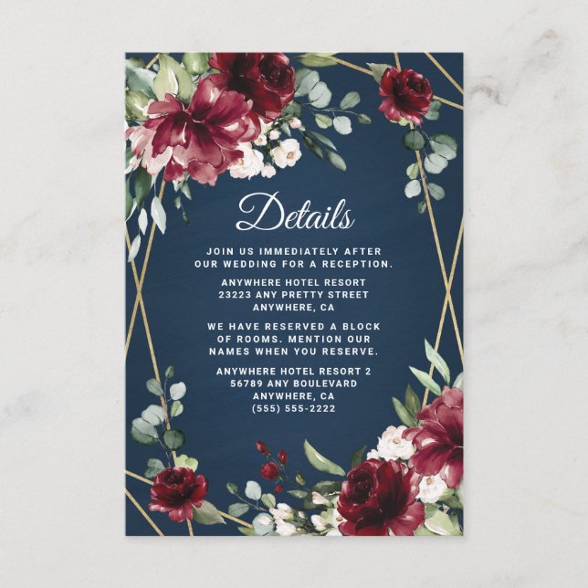 Carte D'accompagnement Mariage floral bleu marine Bourgogne bleu rose (Devant)