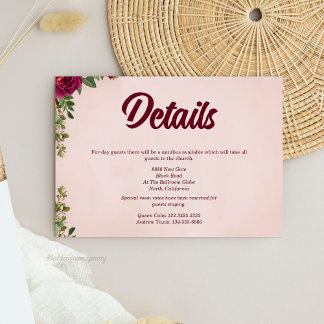 Carte D'accompagnement Mariage Floral Bordeaux et Rose Pâle sous un Ciel