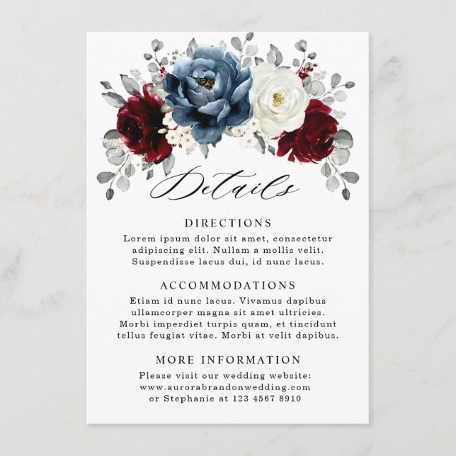 Carte D'accompagnement Mariage floral d'ivoire blanc bleu ardoise (Devant)